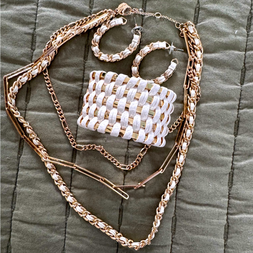 Express Gold and Cream Woven matching tiered necklace, hoop earrings & bracelet